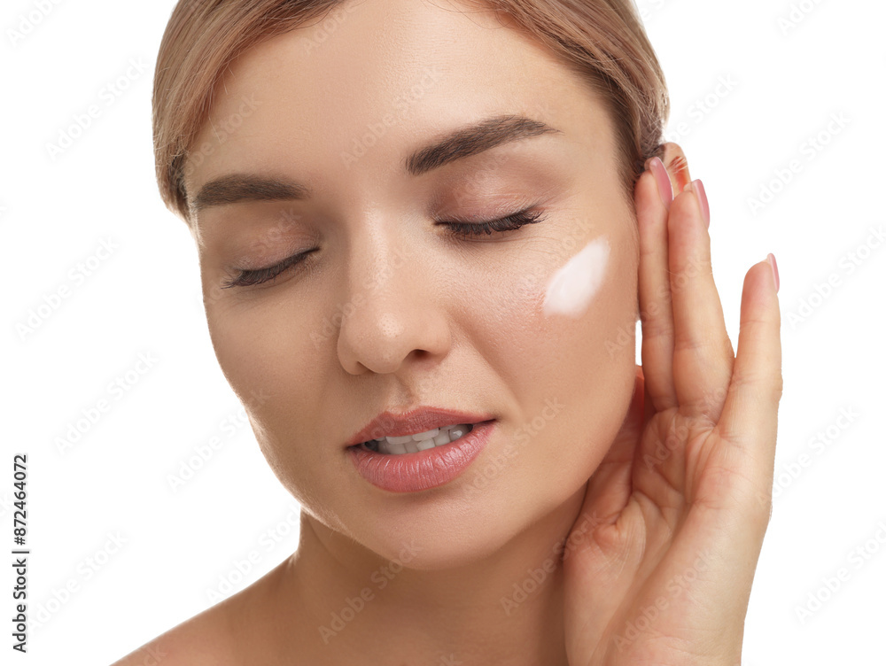 Beautiful woman with cream on her face against white background, closeup Beautiful woman with cream on her face against white background, closeup