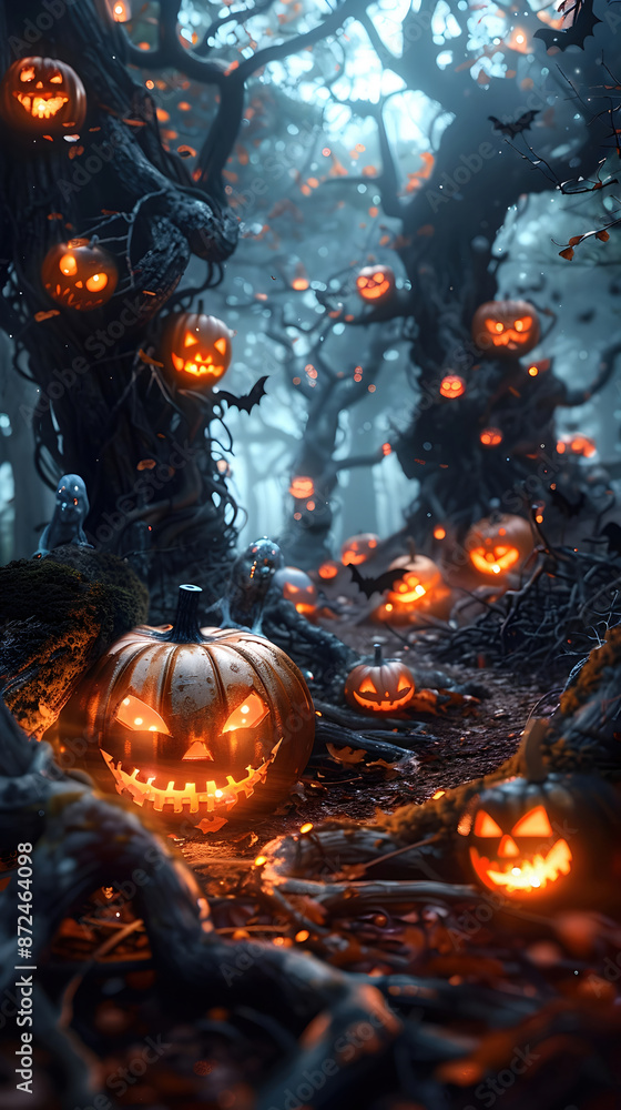 Naklejka premium Enchanted Twilight Glade with Jack-o'-Lanterns and Ghostly Apparitions in Misty Forest Landscape