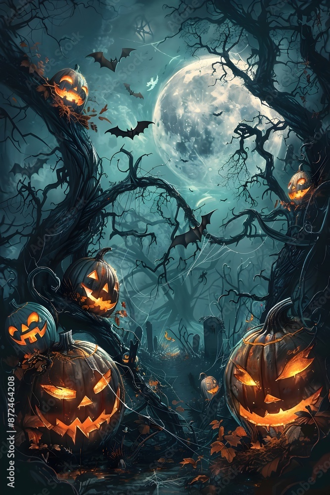 Intricate Haunted Forest Scene with Carved Pumpkins,Bats,and Spiderwebs in Moody Atmospheric Painting Intricate Haunted Forest Scene with Carved Pumpkins,Bats,and Spiderwebs in Moody Atmospheric Painting