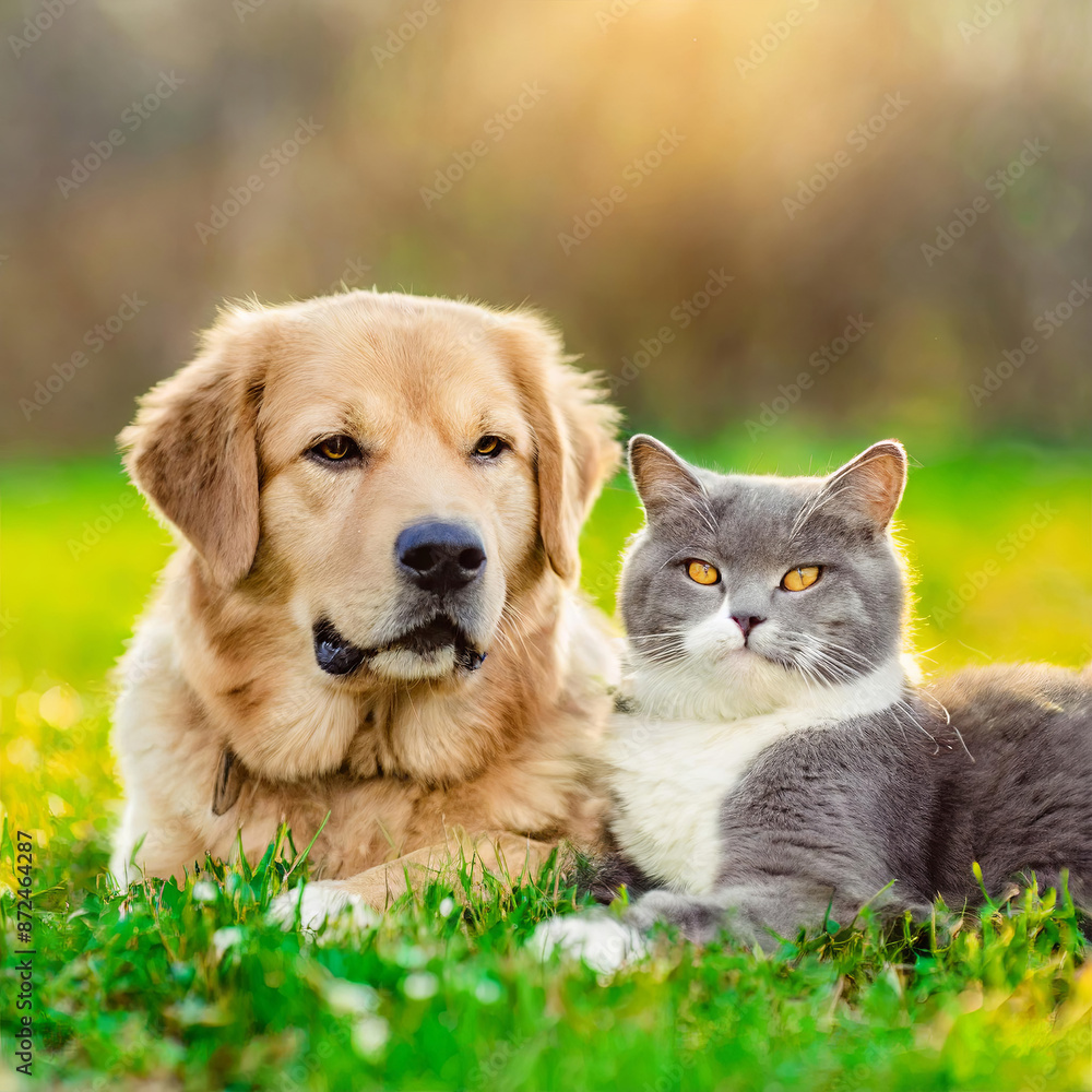 A Vertebrate, Carnivore Dog, and Mammal Cat are happily laying in the grass together, enjoying the sun and each others company as companions A Vertebrate, Carnivore Dog, and Mammal Cat are happily laying in the grass together, enjoying the sun and each others company as companions