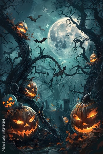 Wallpaper Mural Intricate Haunted Forest Scene with Carved Pumpkins,Bats,and Spiderwebs in Moody Atmospheric Painting Torontodigital.ca