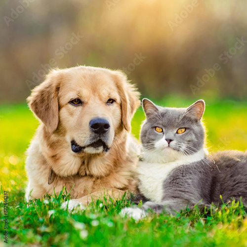 A Vertebrate, Carnivore Dog, and Mammal Cat are happily laying in the grass together, enjoying the sun and each others company as companions