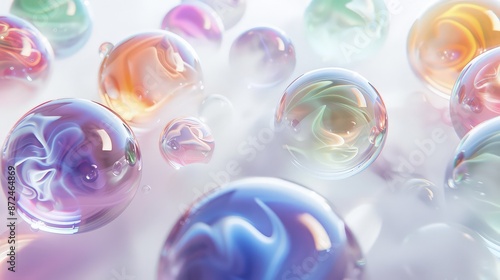 An array of floating, glassy orbs, their surfaces smooth and reflective, encapsulating swirling mists of color, all set against a crisp white background.