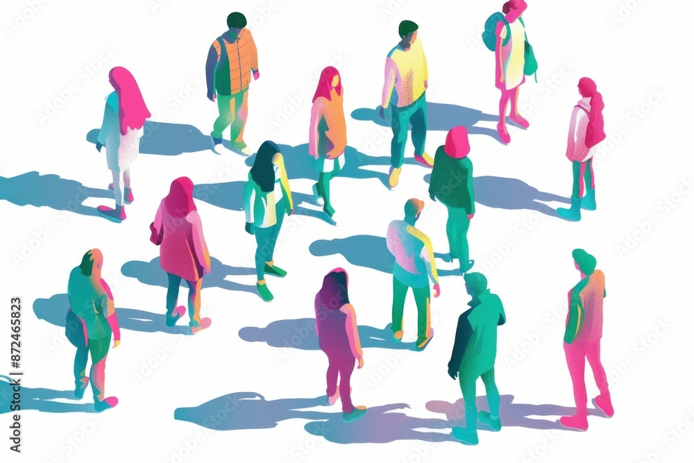 Group of people standing in front of colorful shadows on white background reflecting travel and business concepts Group of people standing in front of colorful shadows on white background reflecting travel and business concepts