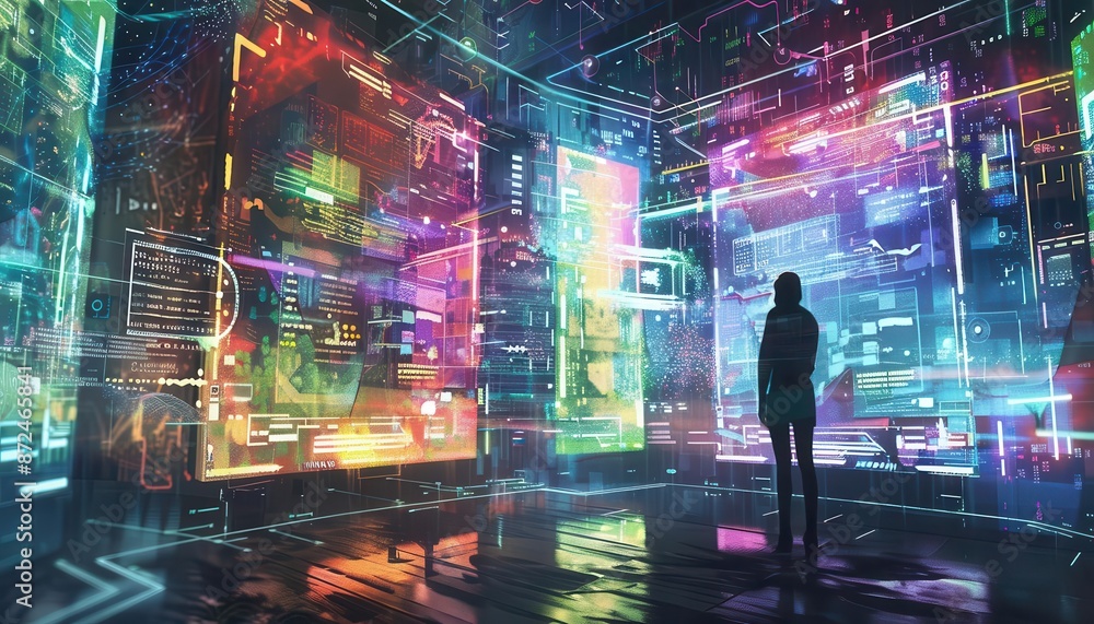 Interactive learning environment with AI and holographic information, Psychedelic, Multicolored, Watercolor Interactive learning environment with AI and holographic information, Psychedelic, Multicolored, Watercolor