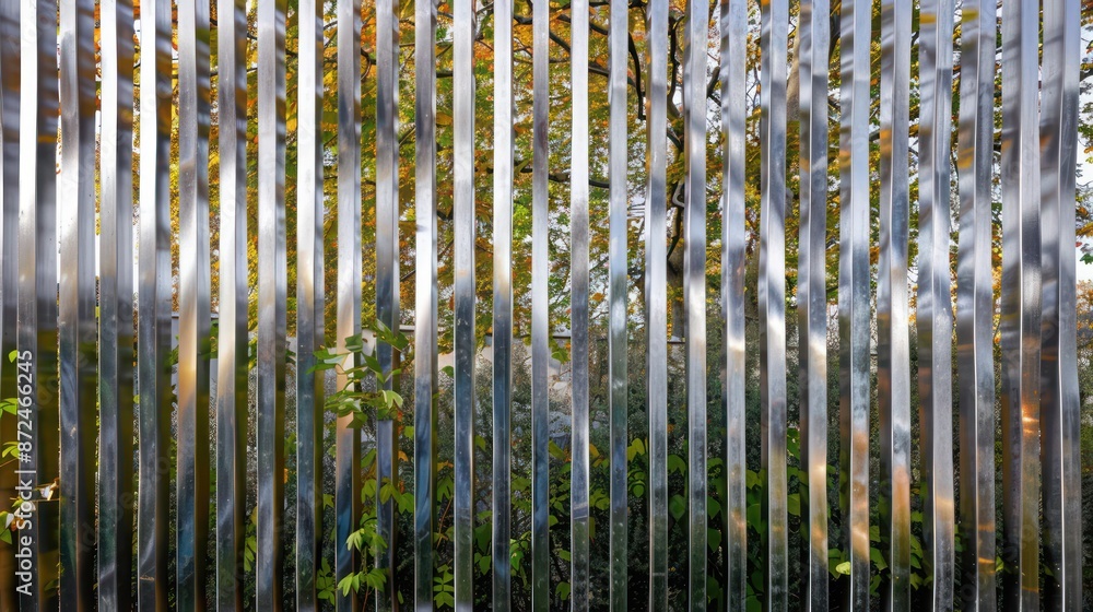 fence with vertical metal slats that twist slightly as they rise, giving a sense of movement and flow fence with vertical metal slats that twist slightly as they rise, giving a sense of movement and flow