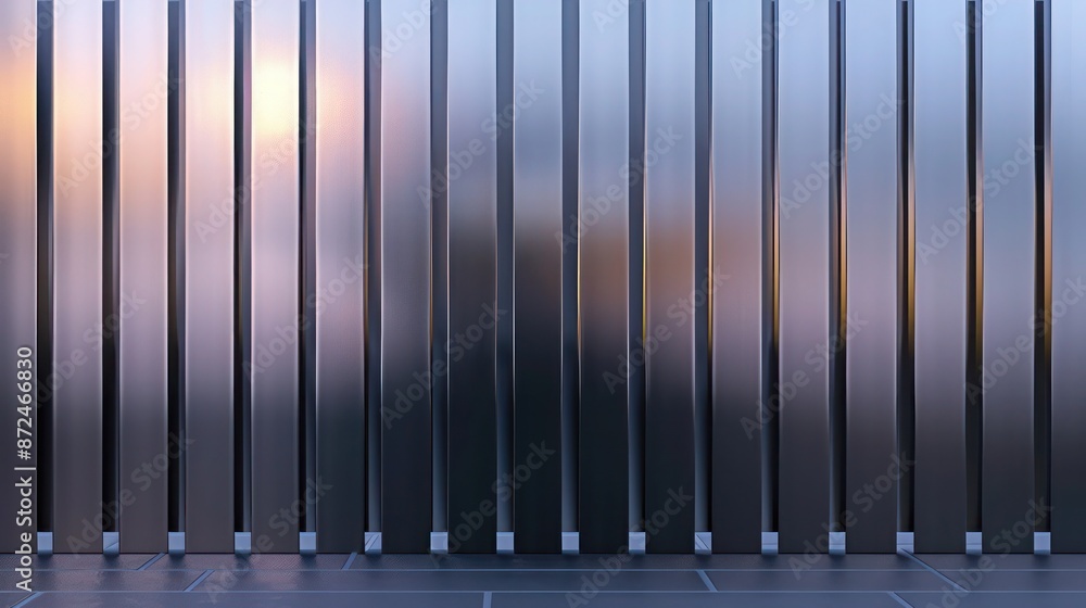 minimalist metal fence with a series of vertical slats, each featuring a gradient from matte black at the base to shiny silver at the top minimalist metal fence with a series of vertical slats, each featuring a gradient from matte black at the base to shiny silver at the top