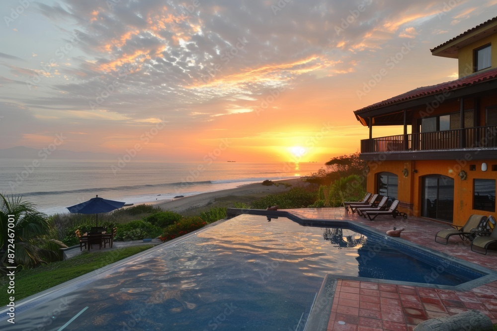 Fototapeta premium Luxury Villa with Infinity Pool Overlooking Sunset on Beach
