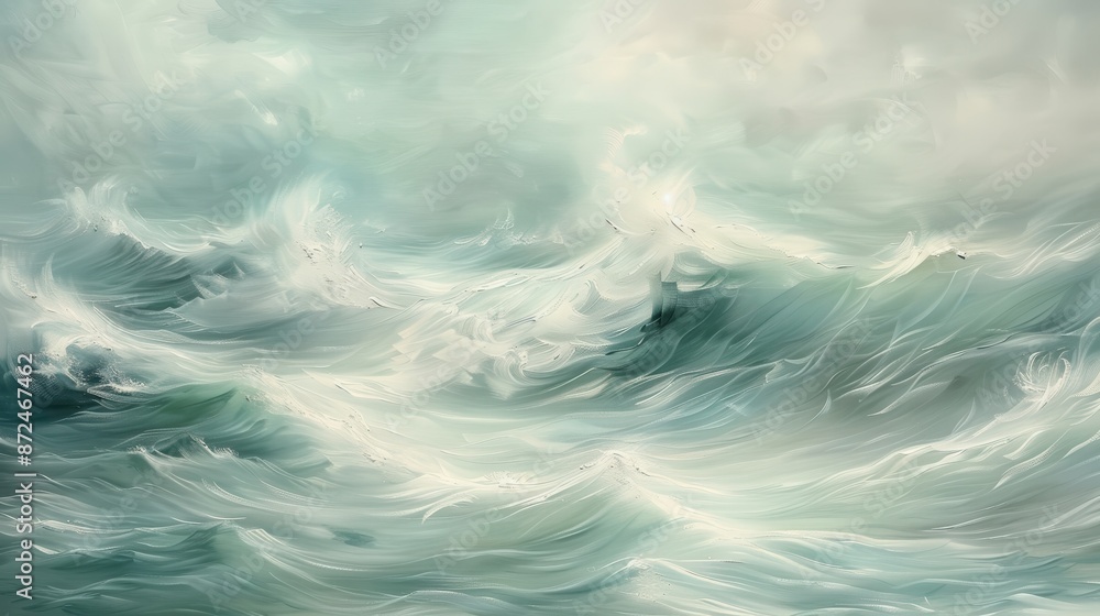 A painting of a large wave with a few birds flying in the background A painting of a large wave with a few birds flying in the background
