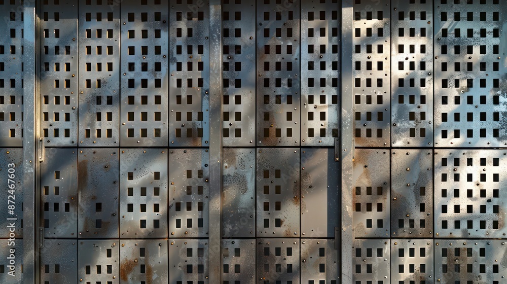modular fence with metal panels punched with square holes, arranged in a grid pattern that plays with transparency and light modular fence with metal panels punched with square holes, arranged in a grid pattern that plays with transparency and light
