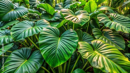 Lush green foliage of exotic Philodendron Squamiferum plant with unique squamiferum leaves and stems growing in a natural jungle setting. photo