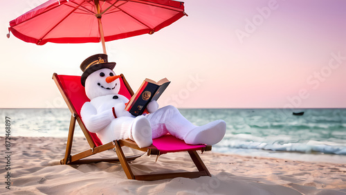 Snowman beach on chair  read book