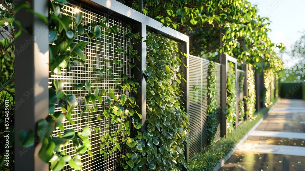 robust metal fence with integrated vertical garden spaces, allowing for greenery to weave through the metallic structure robust metal fence with integrated vertical garden spaces, allowing for greenery to weave through the metallic structure