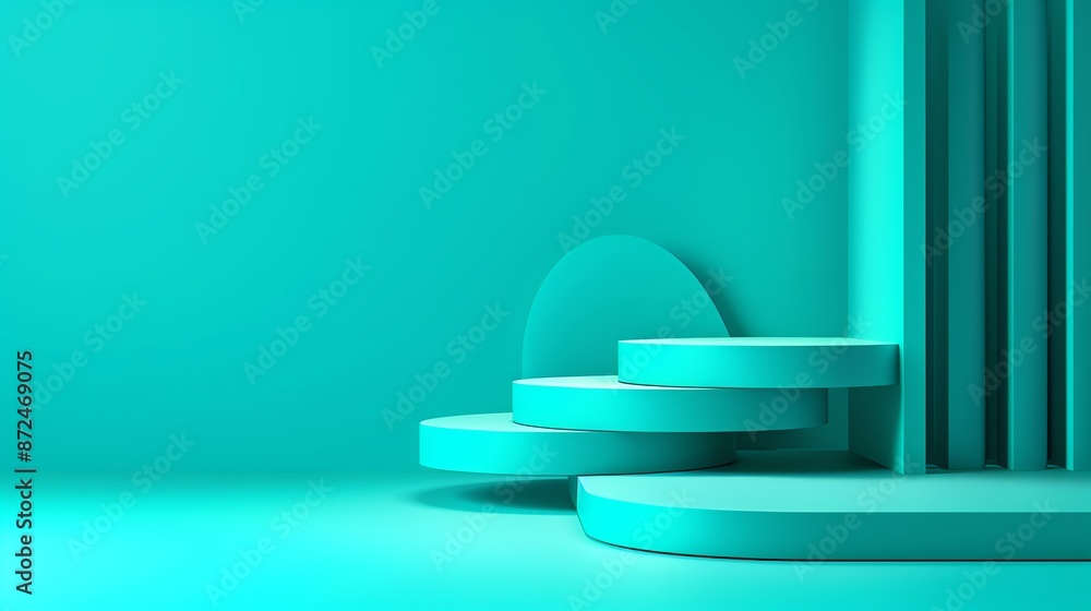 Abstract teal background with geometric shapes and podiums, perfect for product presentation, advertising, and modern design backdrops.