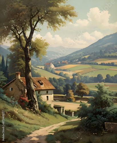 Vintage French Landscape Watercolor Illustration Art
