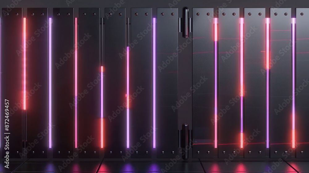 sleek fence composed of vertical, black matte metal panels, punctuated with slim, horizontal neon strips for a futuristic look sleek fence composed of vertical, black matte metal panels, punctuated with slim, horizontal neon strips for a futuristic look