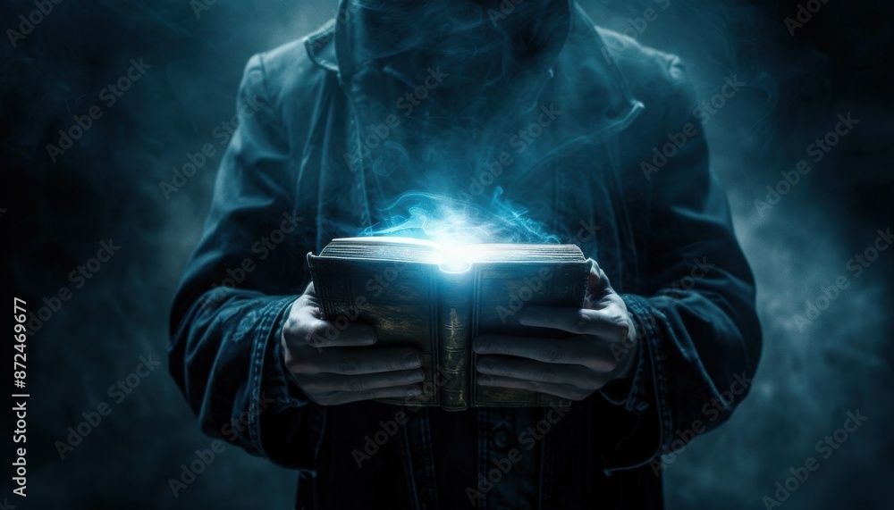 Mysterious figure holding a glowing, magical book with blue light emanating from the pages, surrounded by dark, mystical ambience. Mysterious figure holding a glowing, magical book with blue light emanating from the pages, surrounded by dark, mystical ambience.