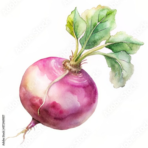 Close-up of a watercolor whole radish isolated on white background.