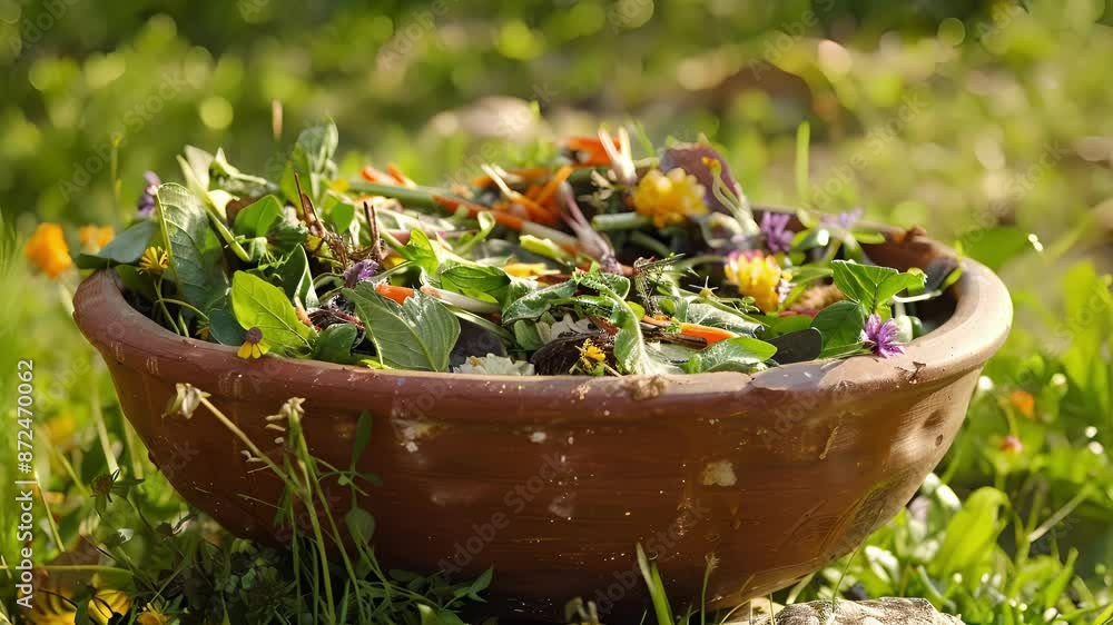 A bowl filled with a variety of wild herbs and vegetables ready to be incorporated into a batch of savory bread dough before being baked in an outdoor clay oven. A bowl filled with a variety of wild herbs and vegetables ready to be incorporated into a batch of savory bread dough before being baked in an outdoor clay oven.