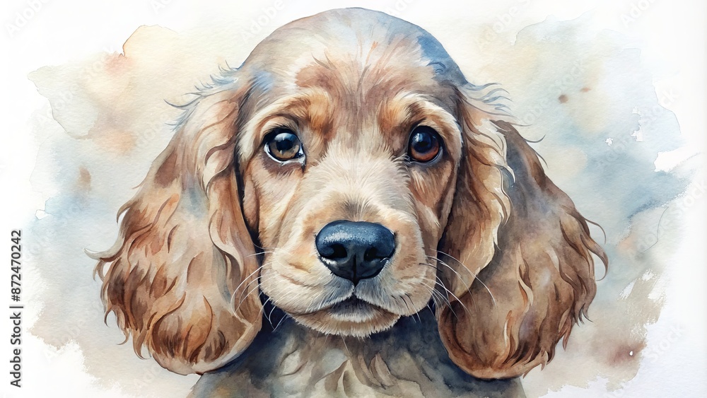 Close-up of a watercolor Cocker Spaniel puppy with long ears isolated on white background. Close-up of a watercolor Cocker Spaniel puppy with long ears isolated on white background.