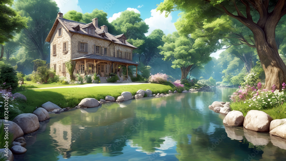 Old wooden house in the garden with reflection in water. 3D rendering