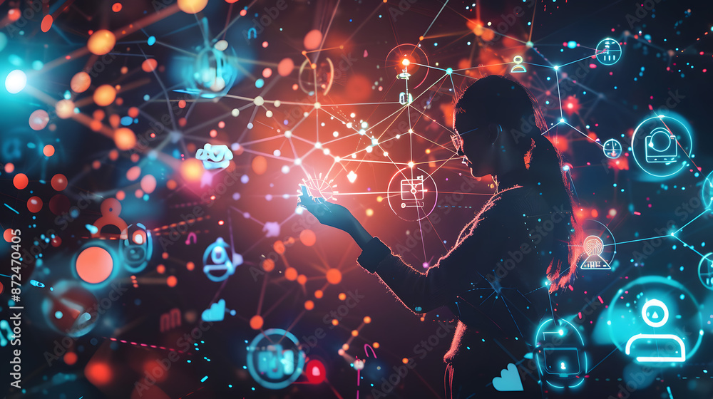 Abstract artwork of smart people interacting with digital glowing icons and global network connecting. Concept of technology and innovation. Design for poster, banner, print. Digital image.