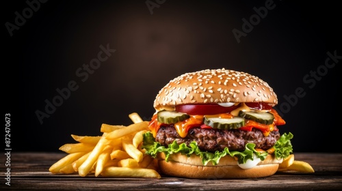 hamburger and french fries on black wooden background