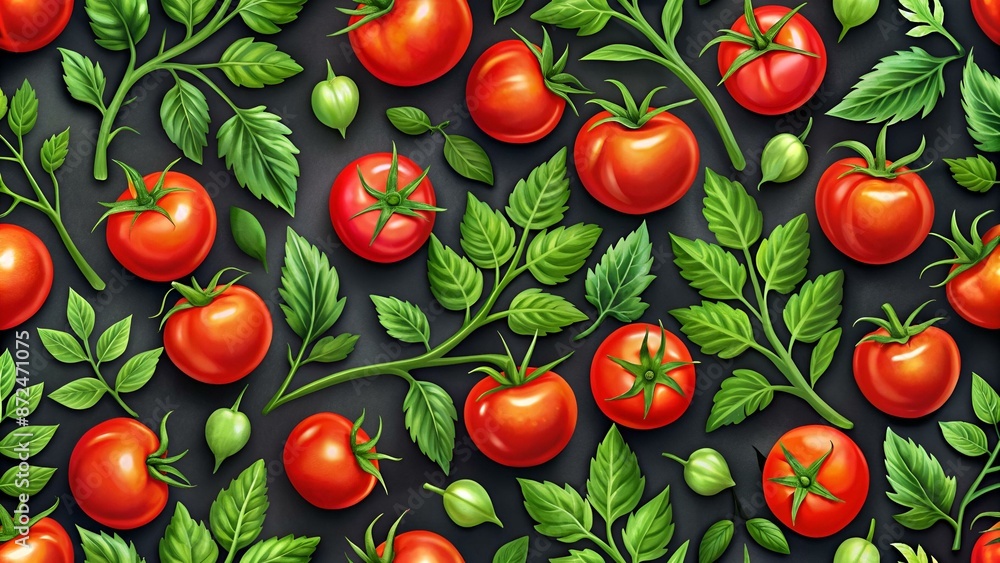 Seamless pattern of ripe red tomatoes and green leaves on dark background Seamless pattern of ripe red tomatoes and green leaves on dark background