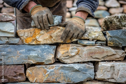 Hands Placing Stones in a Stone Wall photo