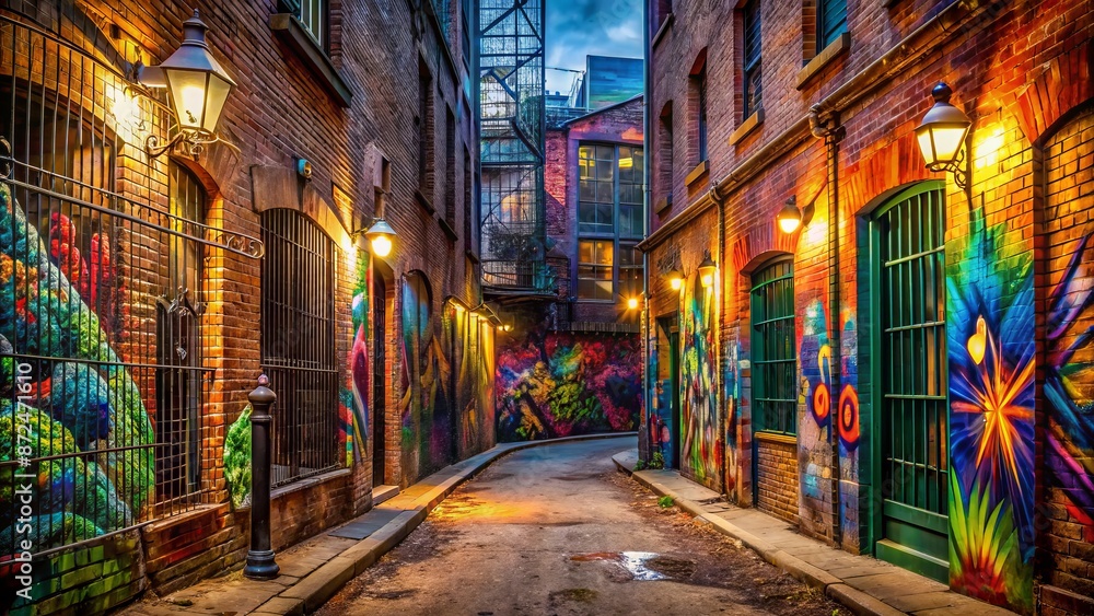 Vibrant urban alleyway featuring colorful abstract graffiti murals on worn brick walls, old rusty gates, and dimly lit street lamps. Vibrant urban alleyway featuring colorful abstract graffiti murals on worn brick walls, old rusty gates, and dimly lit street lamps.