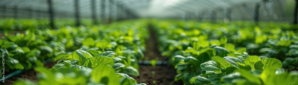 Close-up view of lush, green lettuce growing in a greenhouse. Rows of healthy, vibrant plants highlight sustainable farming practices. Close-up view of lush, green lettuce growing in a greenhouse. Rows of healthy, vibrant plants highlight sustainable farming practices.