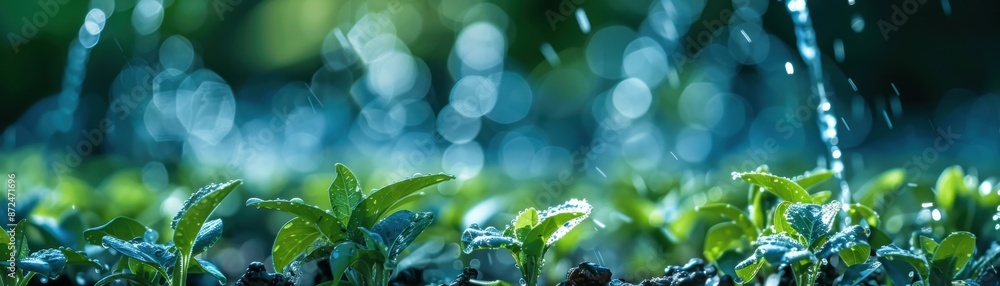 Obraz premium Close-up of green plants being watered in a garden with bokeh background, showcasing fresh leaves and water droplets in a serene environment.