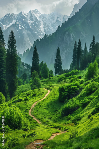 A Scenic Landscape Showcasing Lush Green Forests with a Winding Path Leading to Snow-Capped Mountains Under a Hazy Sky