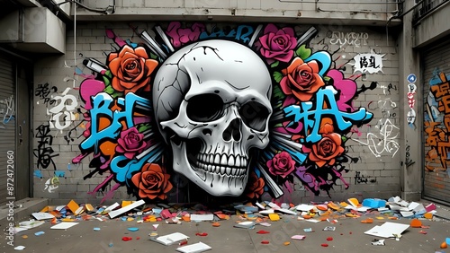 Colorful street art mural featuring a skull with roses on a brick wall.