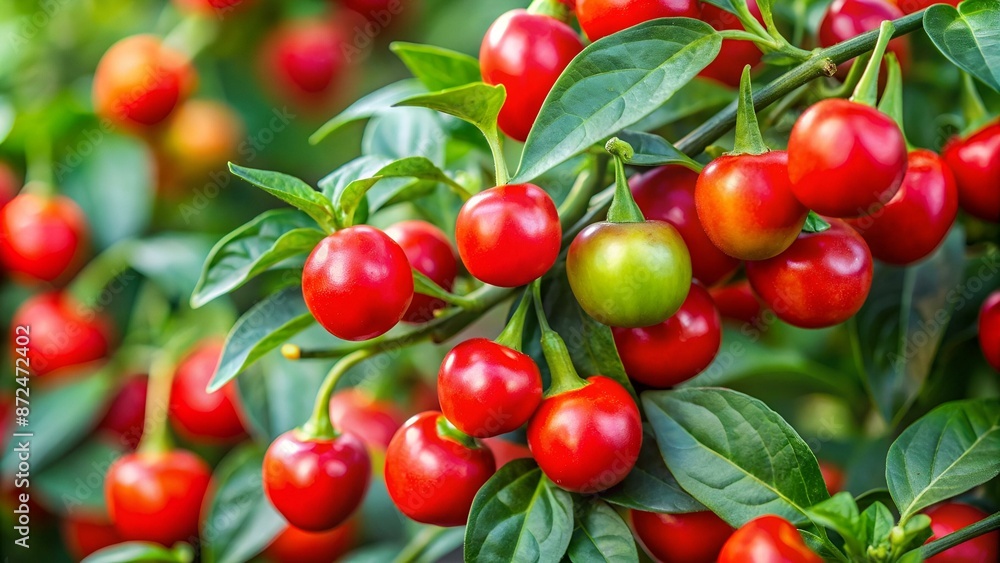 Selective focus of red Jerusalem cherry fruits and green leaves, Solanum pseudocapsicum is a nightshade species with mildly poisonous fruit, The Madeira winter cherry or ambiguously, Nature background Selective focus of red Jerusalem cherry fruits and green leaves, Solanum pseudocapsicum is a nightshade species with mildly poisonous fruit, The Madeira winter cherry or ambiguously, Nature background