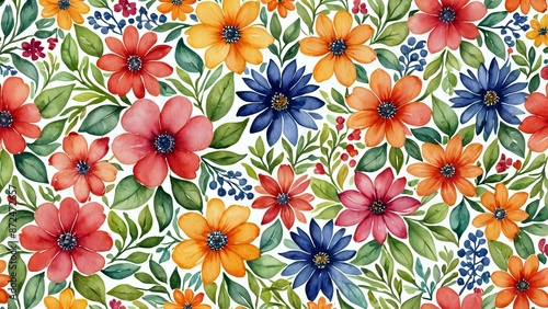Wallpaper Mural Watercolor floral pattern with red, orange, and blue flowers. Torontodigital.ca