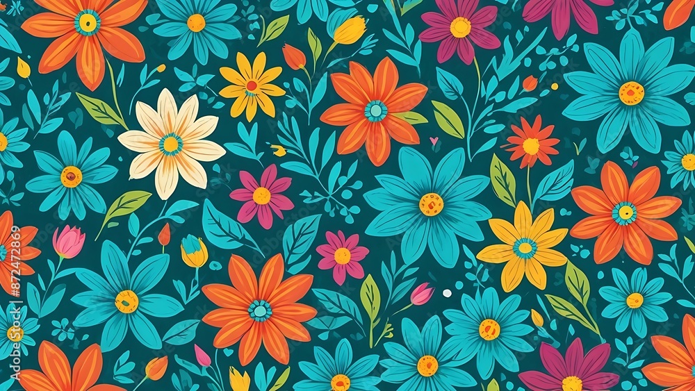 Vibrant floral pattern featuring orange, yellow, and blue flowers with teal green foliage.