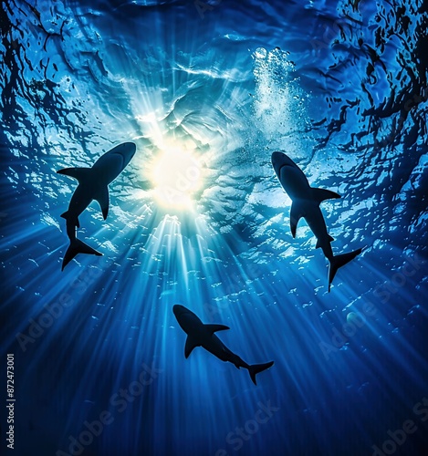 Silhouette of three sharks swimming towards the sunlit surface of the ocean, rays of sunlight penetrating through the water.