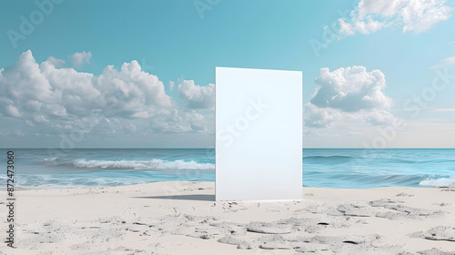 mockup of a blank cover white poster sign with a beach summer vacation background