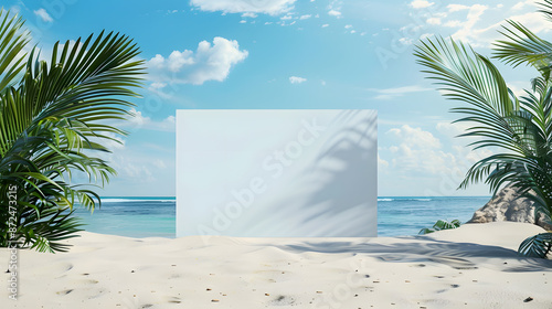 mockup of a blank cover white poster sign with a beach summer vacation background