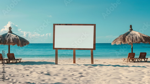 mockup of a blank cover white poster sign with a beach summer vacation background
