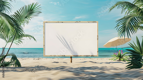mockup of a blank cover white poster sign with a beach summer vacation background