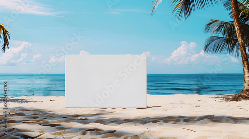 mockup of a blank cover white poster sign with a beach summer vacation background