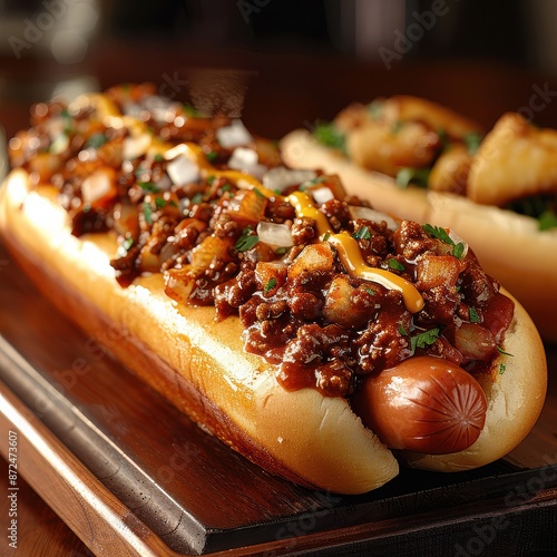 Gourmet chili cheese hotdog with diced onions and mustard on a wooden board, showcasing a delicious and appetizing comfort food delicacy photo