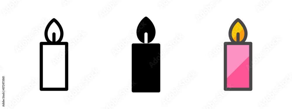 Multipurpose candle vector icon in outline, glyph, filled outline style. Three icon style variants in one pack. Multipurpose candle vector icon in outline, glyph, filled outline style. Three icon style variants in one pack.