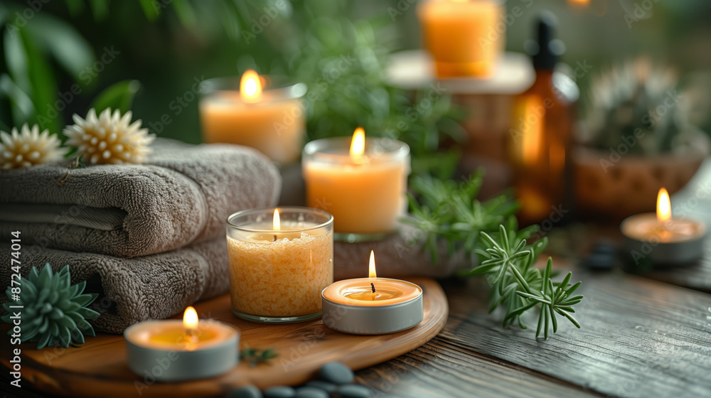Candles and towels in relaxing spa setting. Collection of lit candles, rolled towels, and greenery on a wooden surface in a soothing spa setting. Candles and towels in relaxing spa setting. Collection of lit candles, rolled towels, and greenery on a wooden surface in a soothing spa setting.