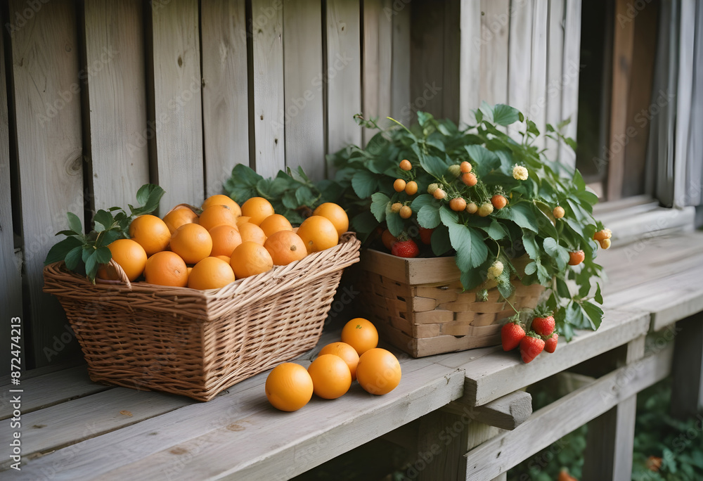 Sunlit Citrus, and fresh Strawberry in basket, wooden wall, Rustic vibe Sunlit Citrus, and fresh Strawberry in basket, wooden wall, Rustic vibe