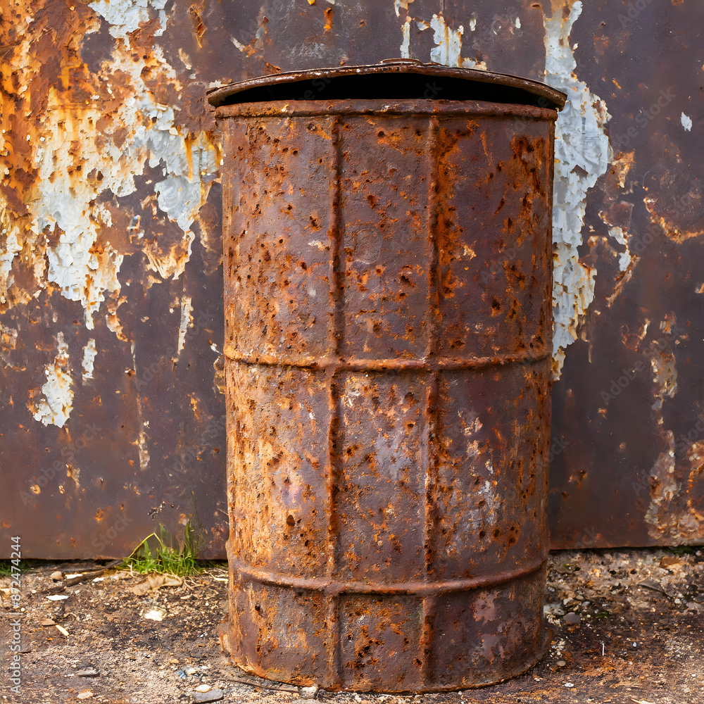 old rusty metal trash can, emphasizing the textures and decay of the metal old rusty metal trash can, emphasizing the textures and decay of the metal