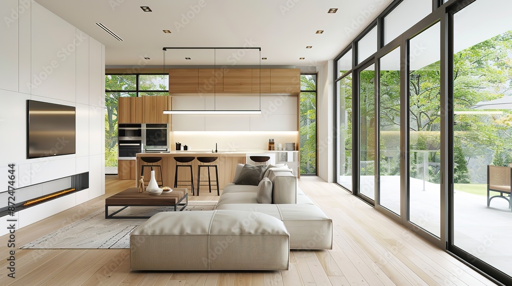 Naklejka premium Spacious modern open plan living room and kitchen with light wood cabinets, white walls, and inviting ambiance.