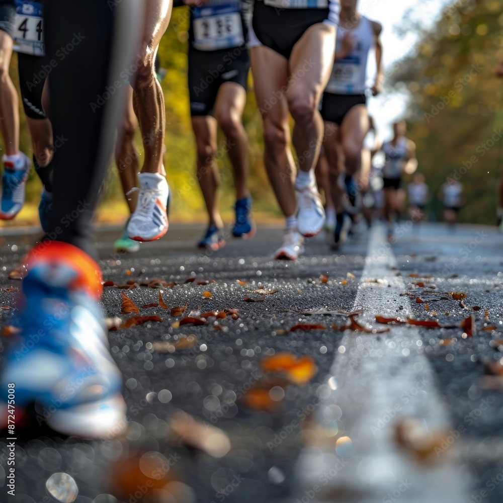 The blurred motion of runners competing in a marathon on an asphalt road. The runners are wearing colorful clothing and running shoes. The road is lined with trees and the leaves are falling The blurred motion of runners competing in a marathon on an asphalt road. The runners are wearing colorful clothing and running shoes. The road is lined with trees and the leaves are falling